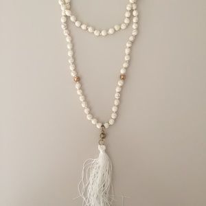 White Beaded Tassel Necklace